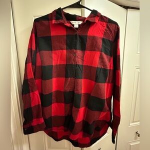 Old Navy Red and Black Buffalo Plaid Hooded Button-Up Shirt